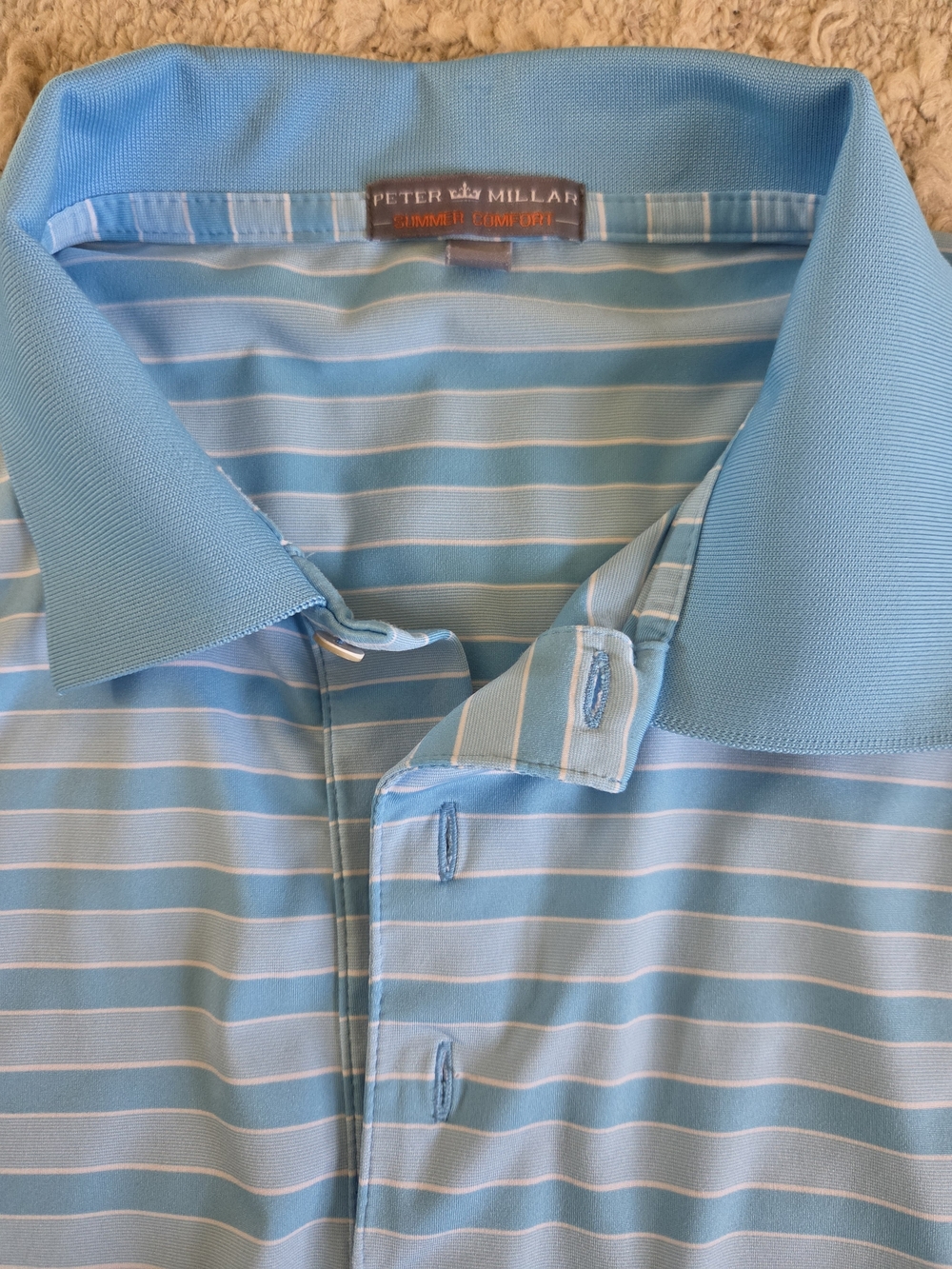 Peter Millar Summer Comfort Polo Shirt Sky Blue White Multi Stripe Mens L
